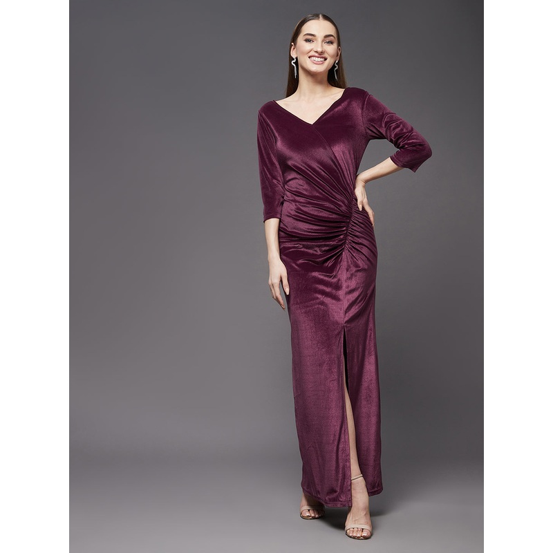 Crease Ease Women’s Dark Mauve V-Neck 3/4th Sleeve Solid Ruched Maxi Dress XS Dark Mauve
