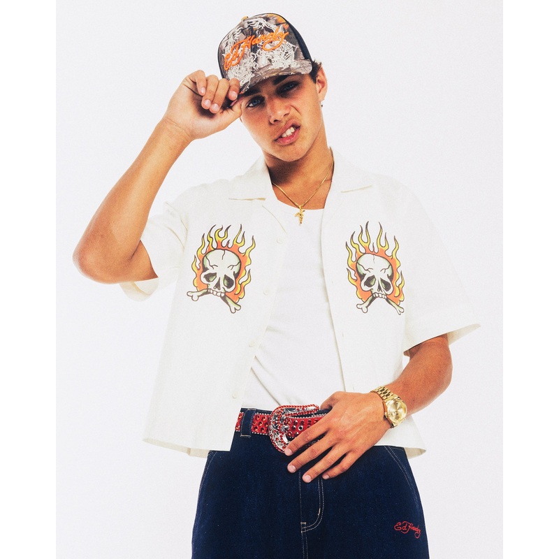 Ed Hardy Flaming Skull Button Up Shirt Off White XS