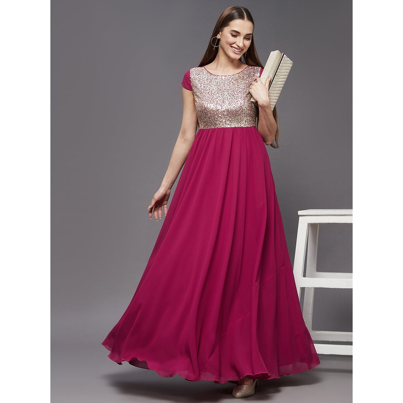 Pink & Golden Fit and Flare Sequinned Maxi Dress for Women XS Pink & Golden