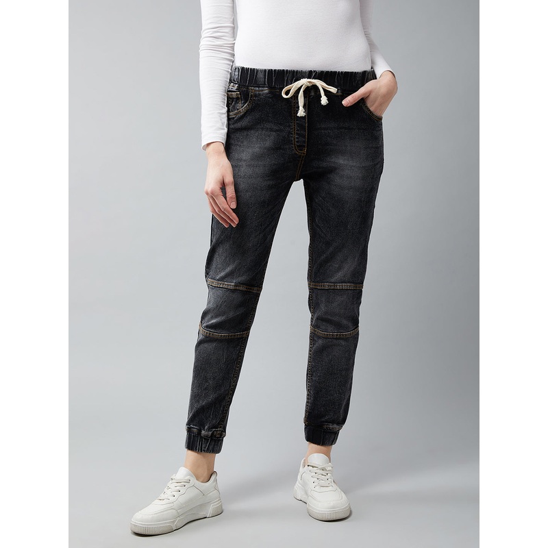 Women’s Black Relaxed Fit Mid Rise Regular Length Stretchable Denim Joggers 26 Black
