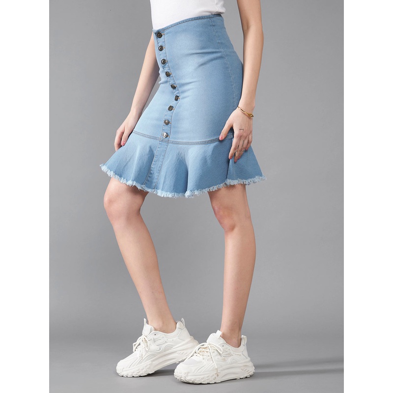 Women’s Blue Regular Fit Mid Rise Light Weight Mini Denim Skirt 26 Blue