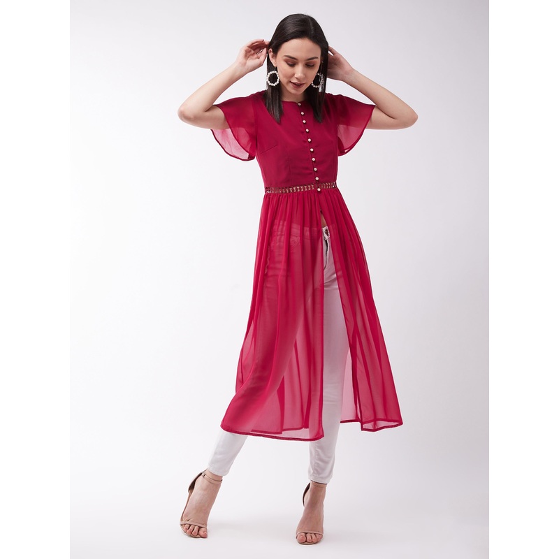 Women’s Dark Pink Round Neck Flared Sleeve Solid Gathered Maxi Top XS Dark Pink