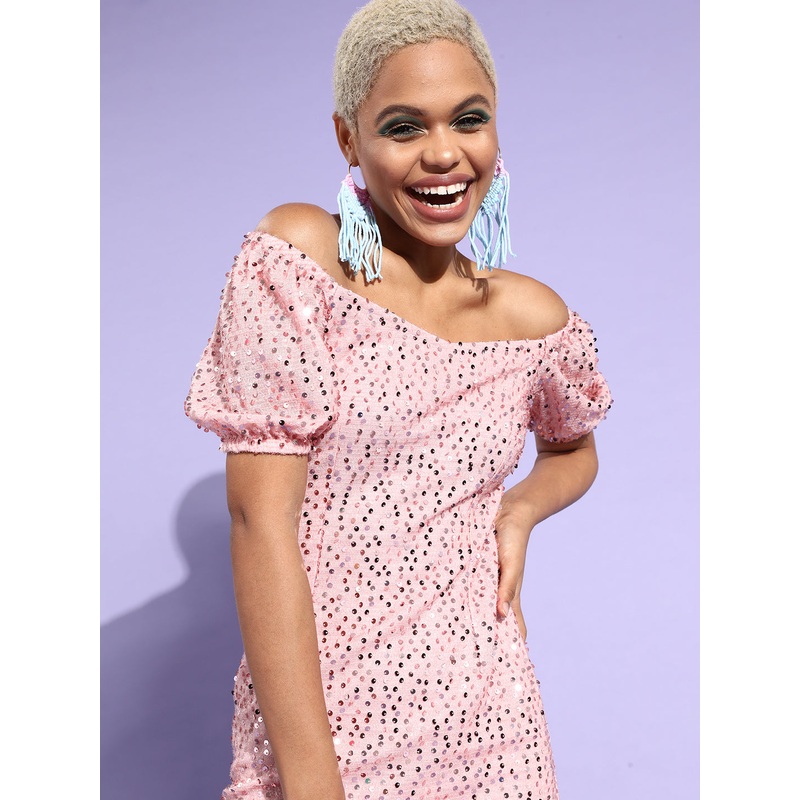 Women’s Light Pink Sequined Party Mini Dress XS Light Pink