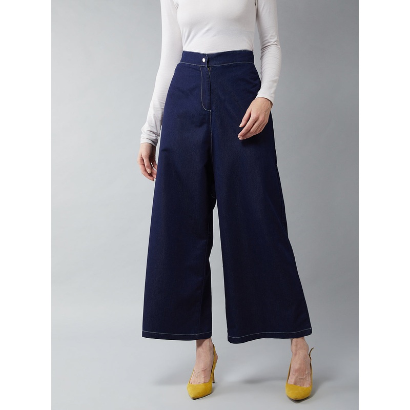 Women’s Navy Blue Wide-Leg High-Rise Light Weight Clean-Look Regular Length Denim Pants 26 Navy Blue