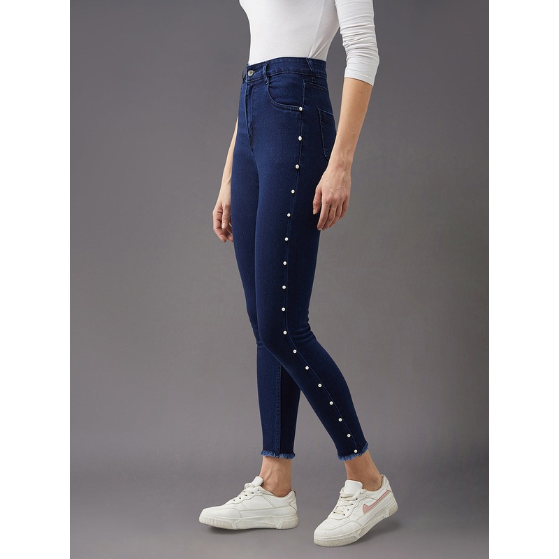 CHASEstretch Women’s Navy-Blue Cotton Skinny-Fit Cropped High-Rise Stretchable Denim Jeans 26 Navy Blue