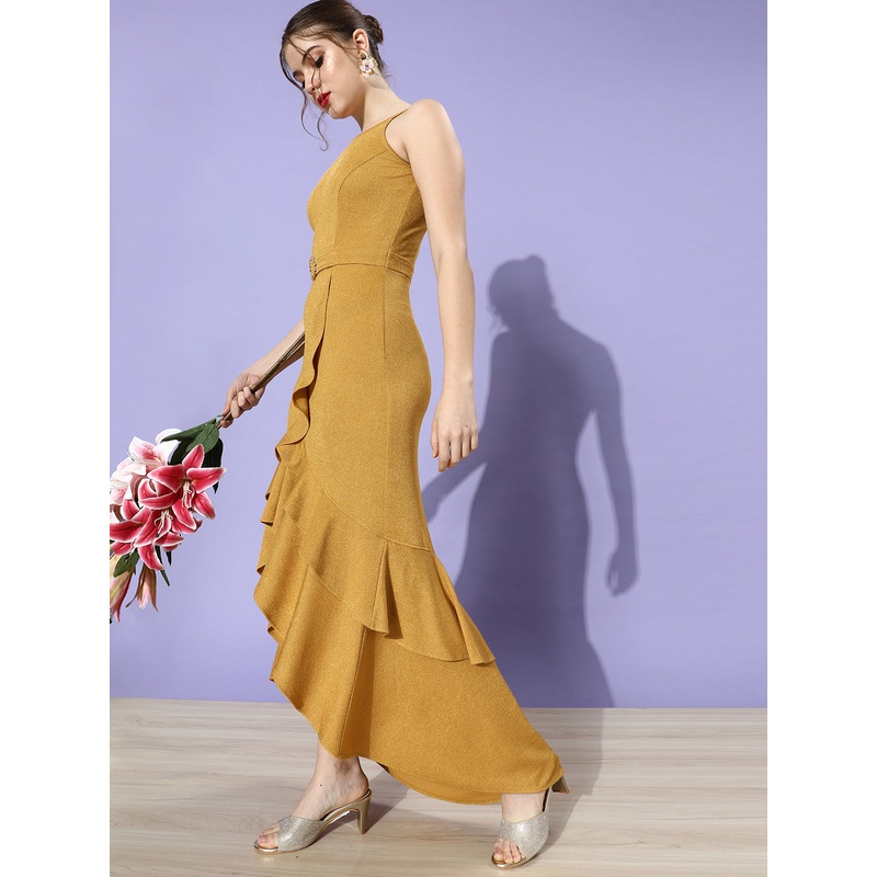 Crease Ease Women’s Mustard Halter Neck Sleeveless Knit Halter Neck Solid Dress XS Mustard