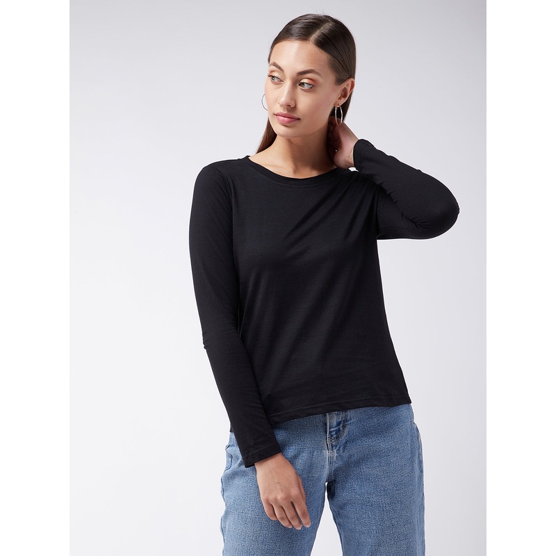 Women’s Black Round Neck Full Sleeves Solid Basic Top XS Black