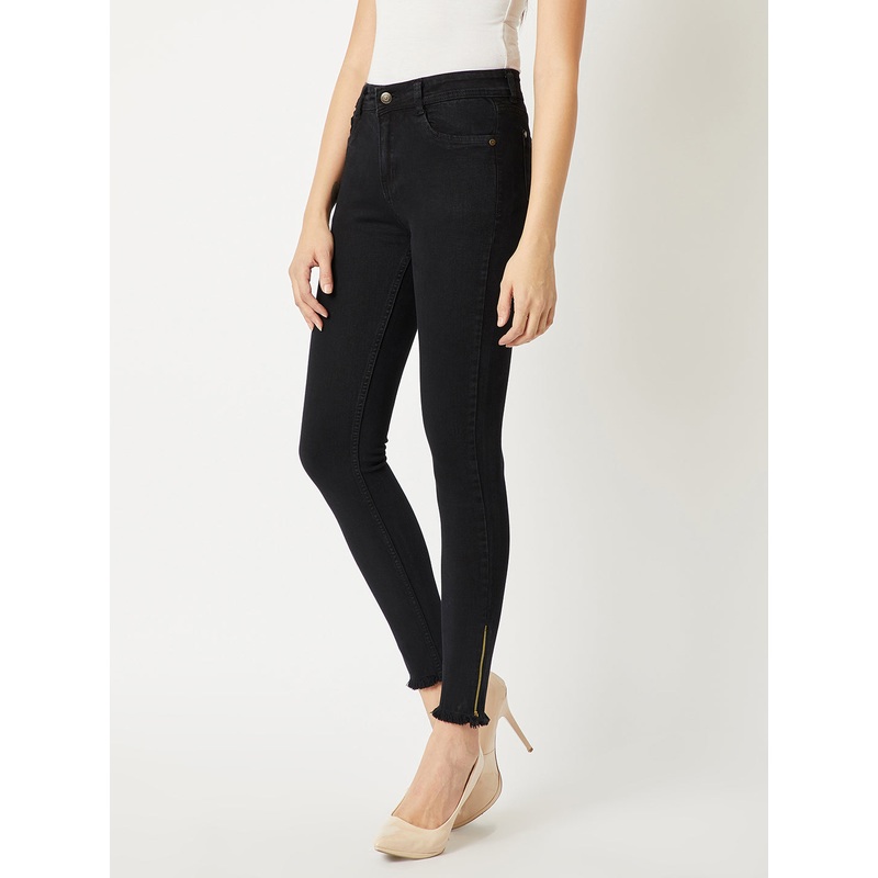 Women’s Black Slim-Fit High-Rise Zipper And Raw Edge Detailing Stretchable Denim Jeans 26 Black