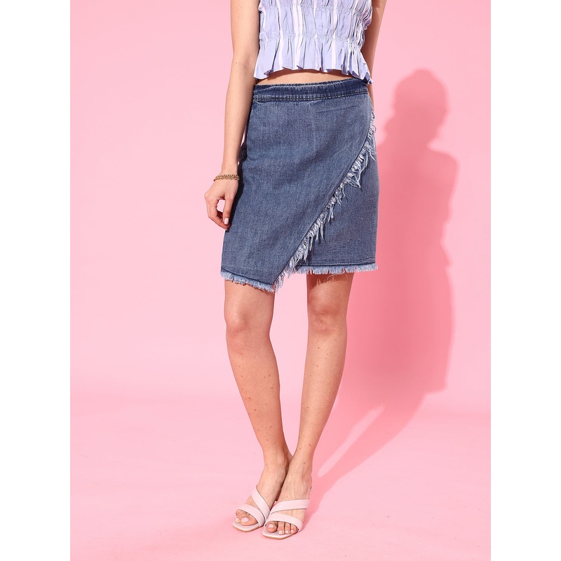 Women’s Blue Regular Mid Rise Clean-Look Mini Non-Stretchable Denim Skirt 26 Blue