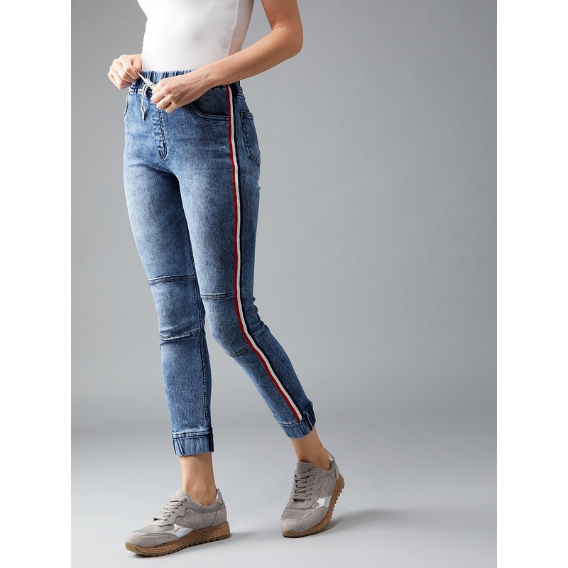 Women’s Blue Relaxed Fit Mid Rise Regular Length Multicolour Twill Tape Detailing Denim Stretchable Jogger Pants 26 Blue