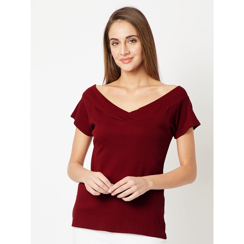 Women’s Maroon V Neck Short Sleeve Solid Top XS Maroon