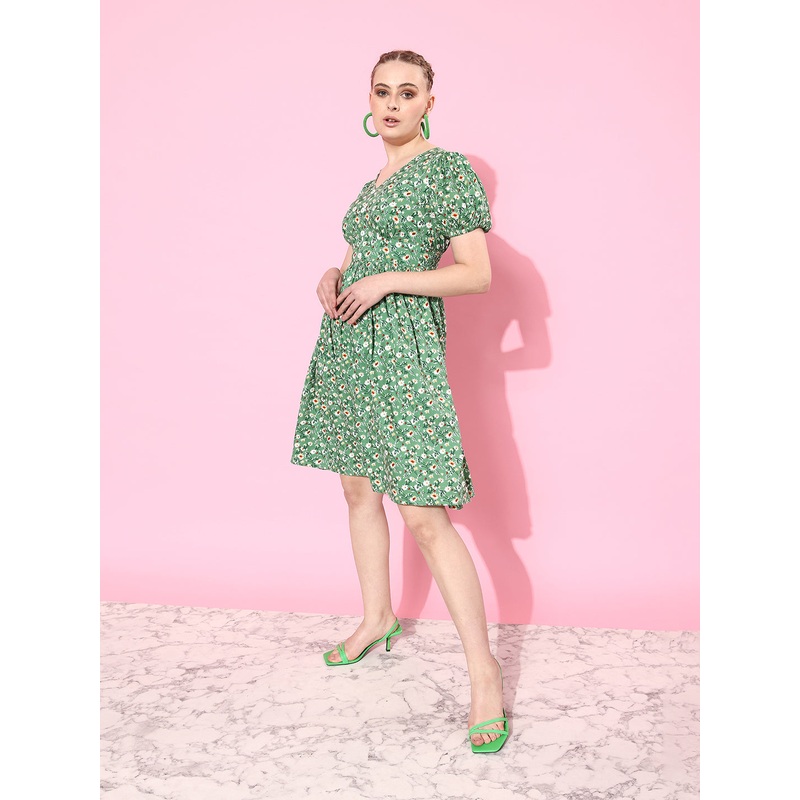 Women’s Multicolored-Base-Green V Neckline Short Sleeve Viscose Rayon Floral Fit & Flare Midi Dress XXS Multicolored-Base-Green