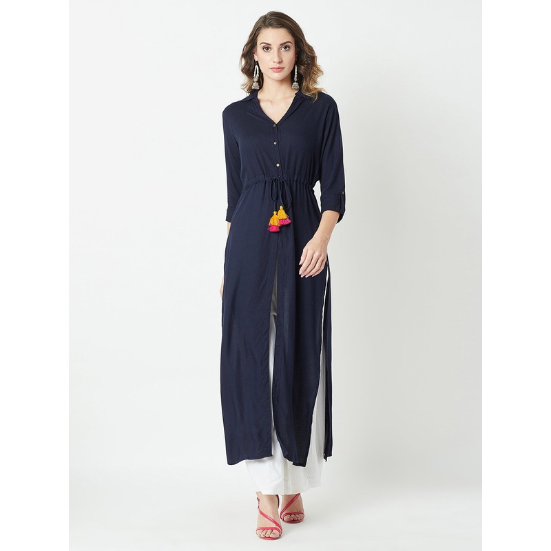 Women’s Navy Blue Collared 3/4 Sleeve Solid Buttoned Tassel A-Line Maxi Top XS Navy Blue