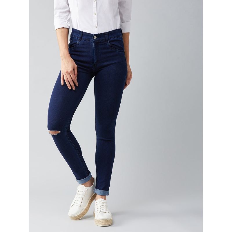 Women’s Navy-Blue Skinny-Fit Mid-Rise Knee-Slit Stretchable Denim Jeans 26 Navy Blue