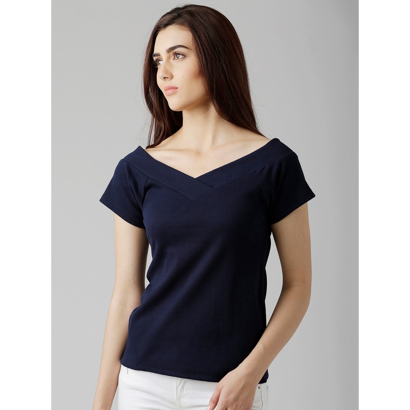 Women’s Navy Blue V Neck Short Sleeve Solid Top XS Navy Blue