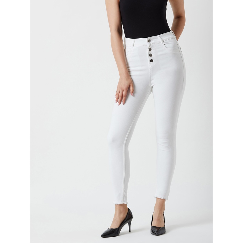 Women’s White Skinny-Fit High-Rise Cropped Raw Edge Detailing Stretchable Denim Jeans 26 White