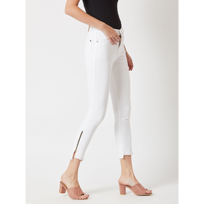 Women’s White Skinny-Fit High-Rise Side-Slit Raw Edge Cropped Stretchable Denim Jeans 26 White