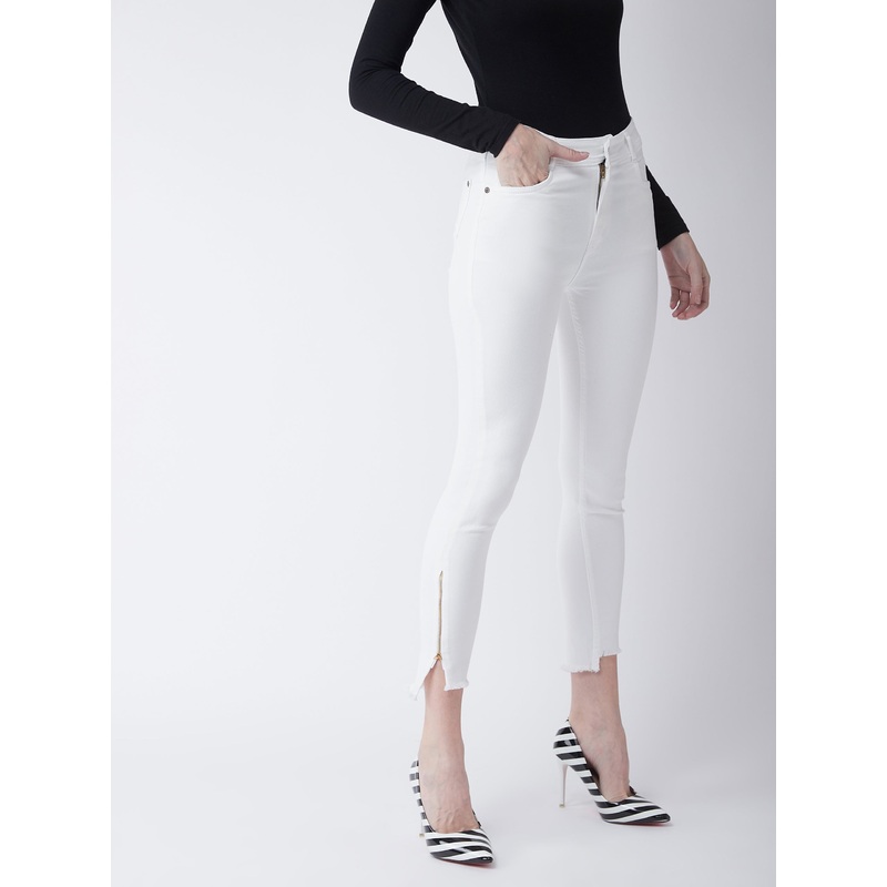 Women’s White Skinny-Fit High-Rise Side-Slit Raw Edge Detailing Clean-Look Cropped Stretchable Denim Jeans 26 White