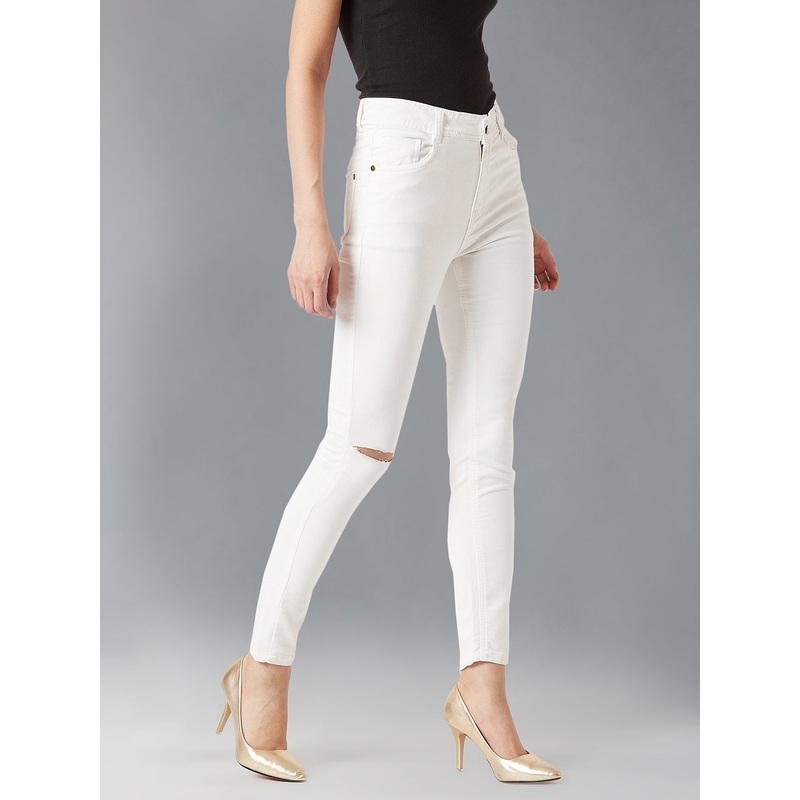 Women’s White Skinny High-Rise Knee-Slit Bleached Stretchable Denim Jeans 26 White