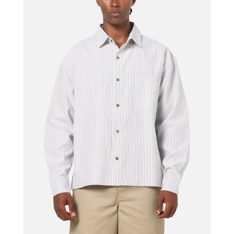 Carre Oxford Stripe Long Sleeve Button Up Shirt White/Green XS