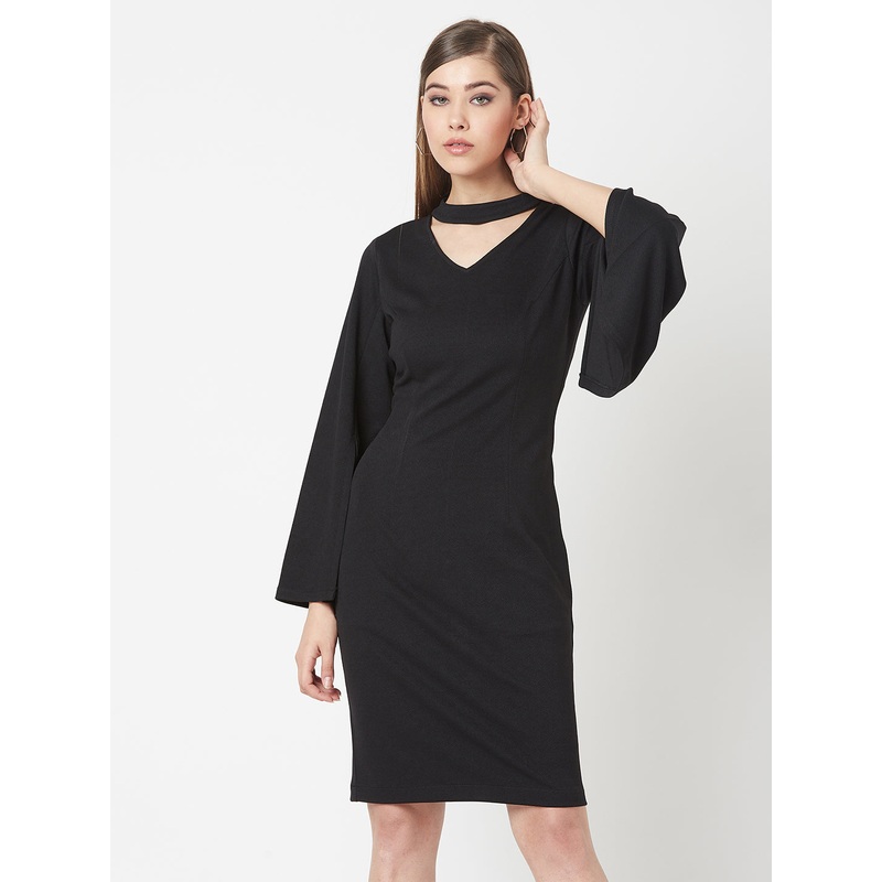 Crease Ease Women’s Black V-Neck Flared Sleeve Solid Bodycon Knee-Long Dress XS Black