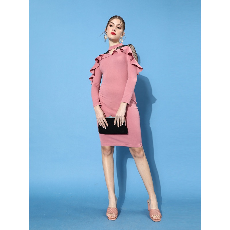 Crease Ease Women’s Dusty Pink Collared V-neck Full Sleeve Solid Ruffled Midi Dress XS Dusty Pink