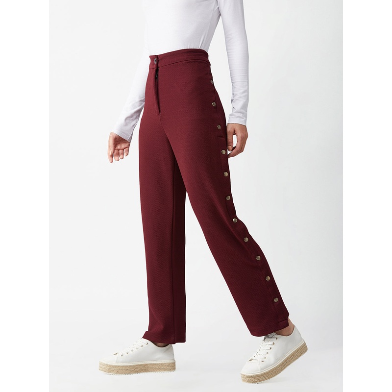 Crease Ease Women’s Wine Red Solid Regular Fit Flared Parallel Trousers XS Wine Red