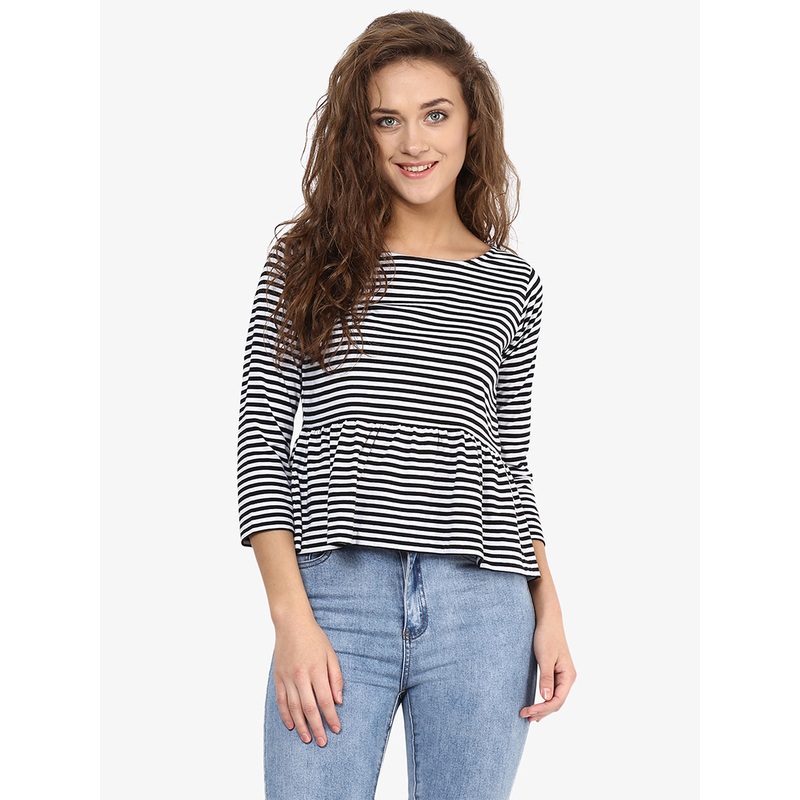 Women’s Black and White Round Neck 3/4 Sleeve Monochrome Striped Peplum Top XS Black and white
