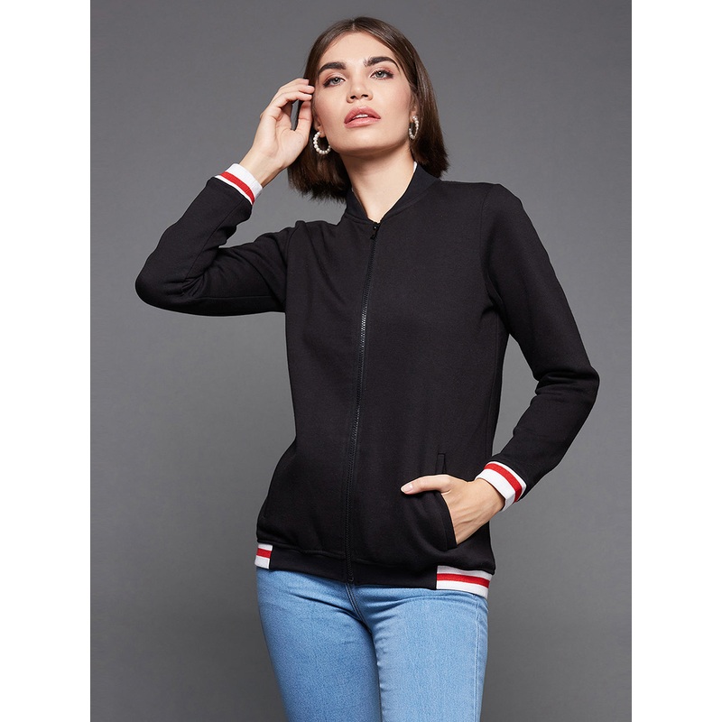 Women’s Black V-Neck Full Sleeve Solid Fleece Multicolored Rib Detailing Zippered Bomber Jacket XS Black