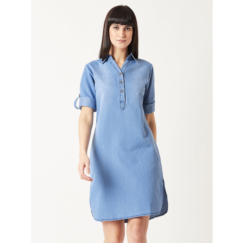 Women’s Blue Polo Neck 3/4 Sleeves Solid Knee-Long Buttoned Shift Denim Shirt Dress XS Blue