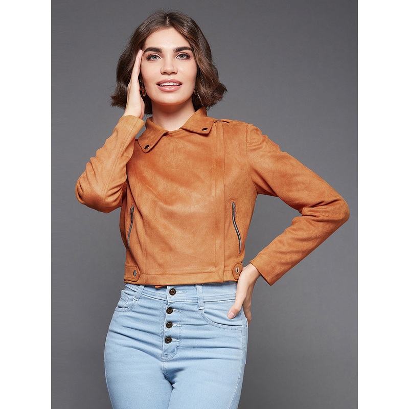 Women’s Burnt Orange Notch Full-Sleeve Solid Blazer Style Zipper Polyester Jacket XS Orange