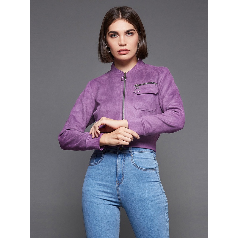 Women’S Dark Lavender Mandarin Collar Full-Sleeve Solid Crop Polyester Jacket XS Dark Lavender