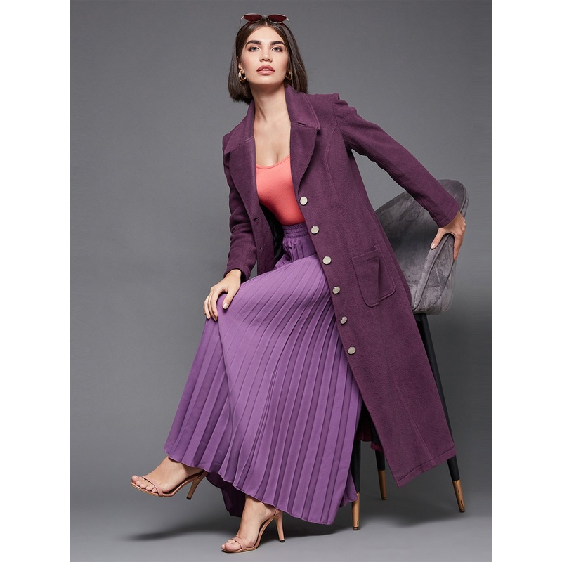 Women’s Dark Mauve Solid V-Neck Full Sleeves Patched Pocket Polyester Button Down Longline Blazer Jacket XS Mauve