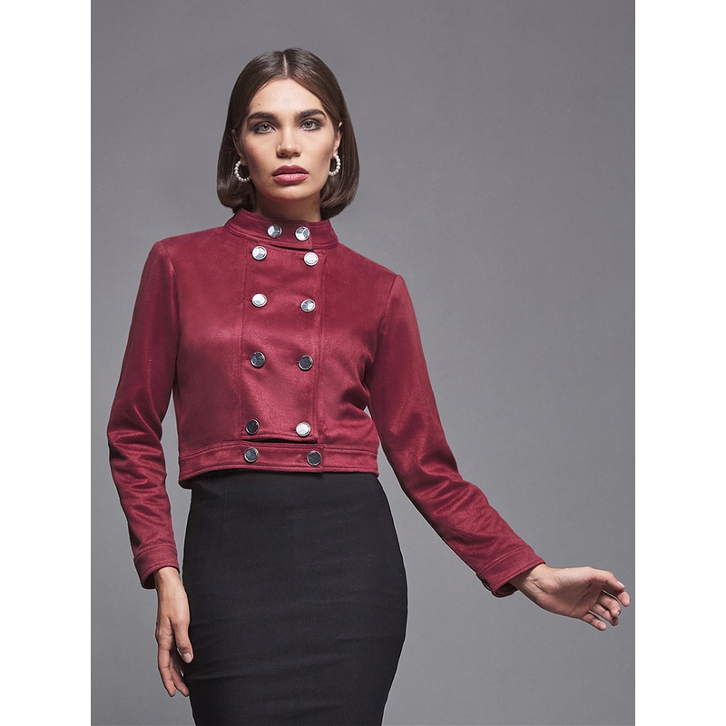 Women’s Dark Red Mandarin Collar Full-Sleeve Solid Double Breasted Cropped Polyester Jacket XS Red