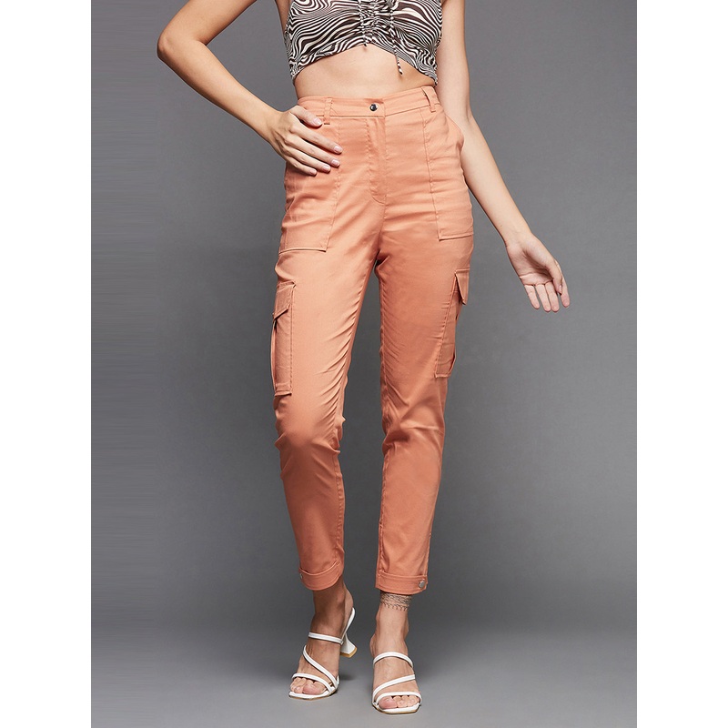 Women’s Dusty Orange Solid Polyester High-Waist Regular Length Trousers XS Dusty Orange