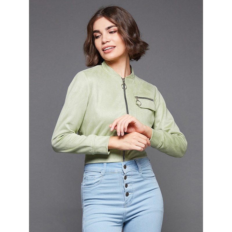 Women’s Light Green Mandarin Collar Full-Sleeve Solid Crop Polyester Jacket XS Green