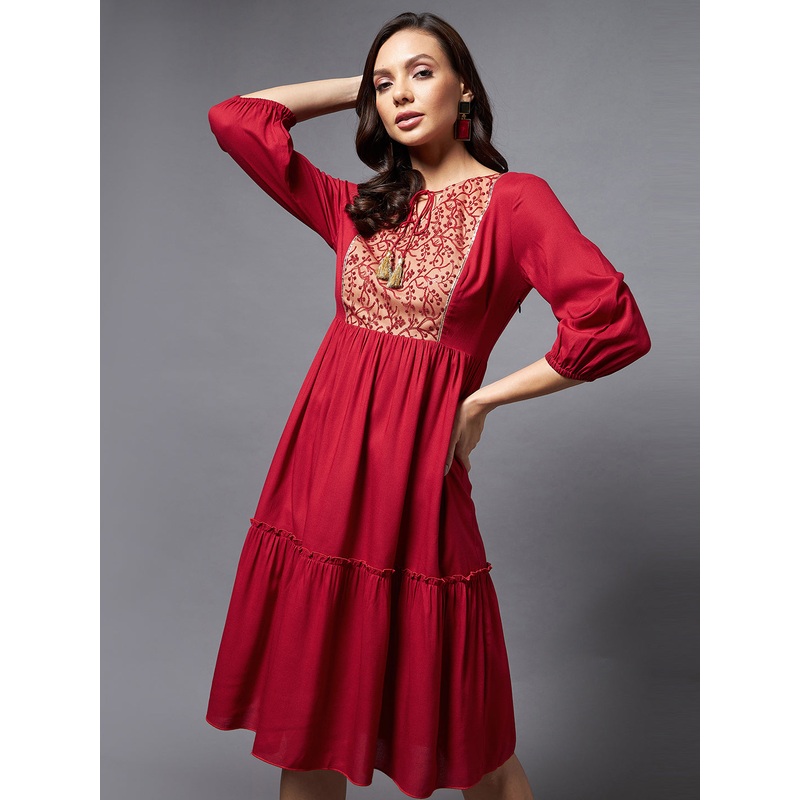 Women’s Maroon Round 3/4 Sleeve Viscose Rayon Self Design Gathered Midi Dress XS Maroon