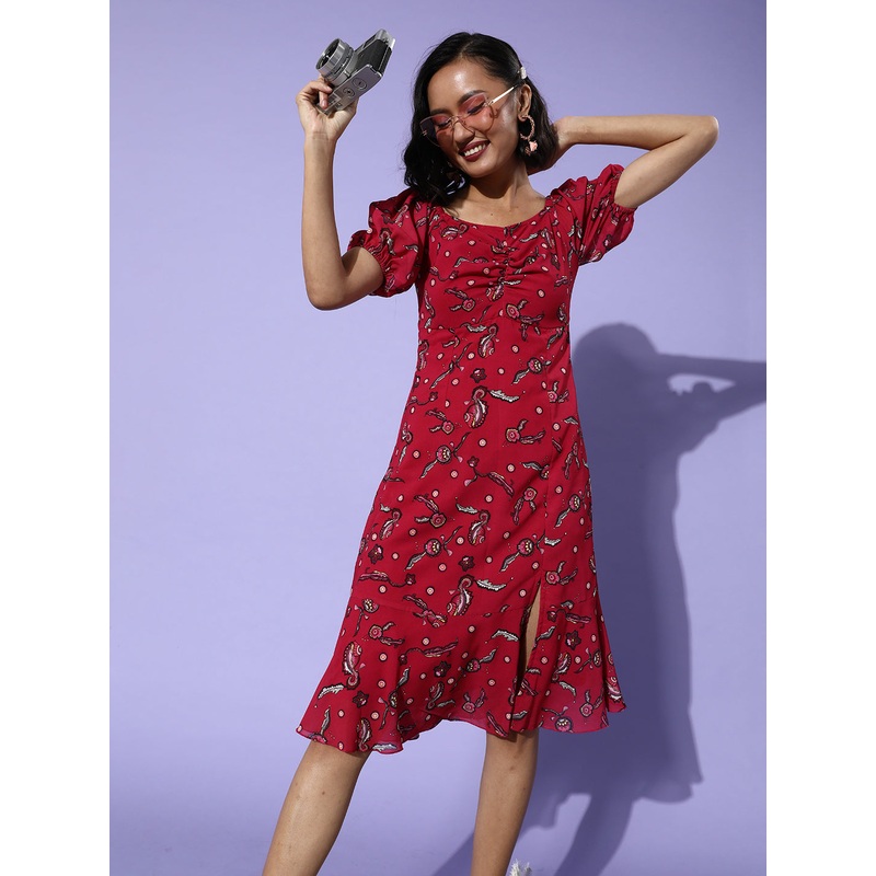 Women’s Multicolored-Base-Dark Pink Sweetheart Half Sleeve Floral Fit & Flare Midi Dress XS Multicolored-Base-Dark Pink