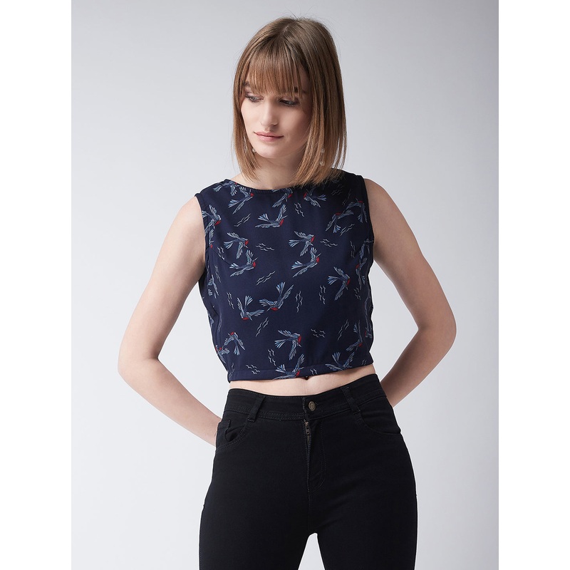 Women’s Multicolored Round Neck Sleeveless Printed Crop Top XS Multicolor- Base Navy Blue