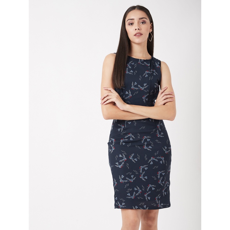 Women’s Multicolored Round Neck Sleeveless Printed Paneled Mini Shift Dress XS Multicolor-Base Navy Blue