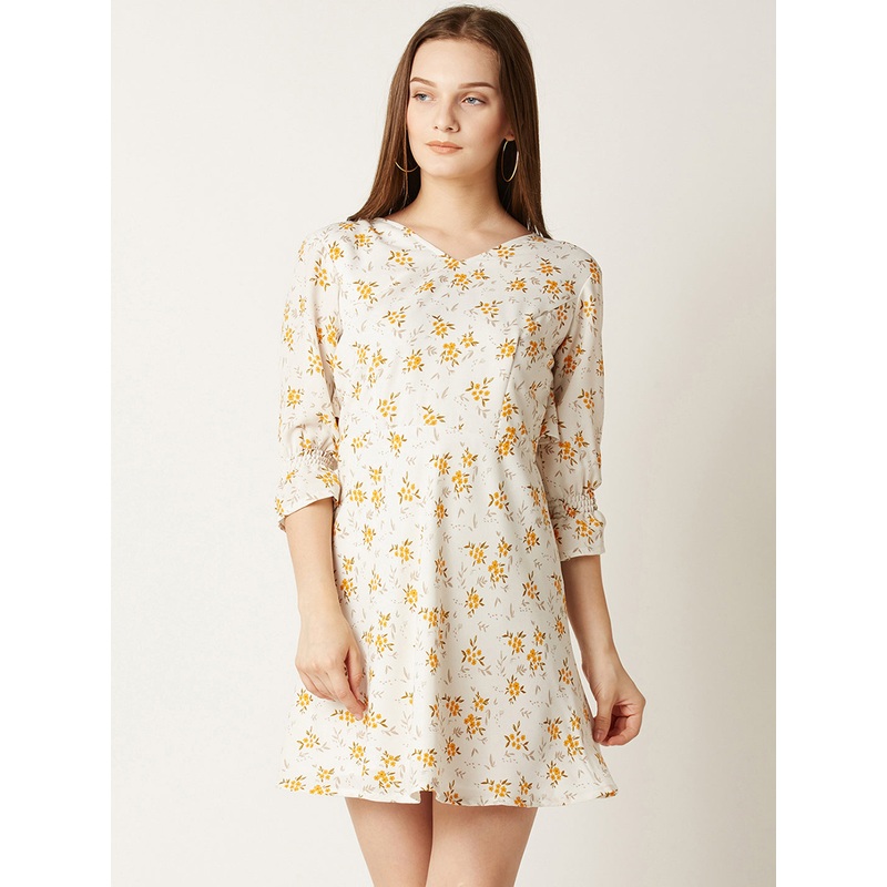 Women’s Multicolored V-Neck 3/4 Sleeve Floral Ruffled Mini Skater Dress XS Multicolour-Base White