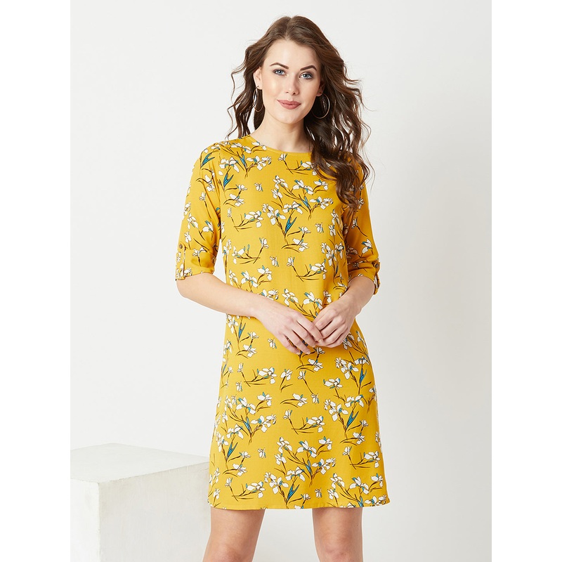 Women’s Multicolored With A Yellow Base Round Neck 3/4 Sleeve Floral Knee-Long Shift Dress XS Multicolor-Base Yellow