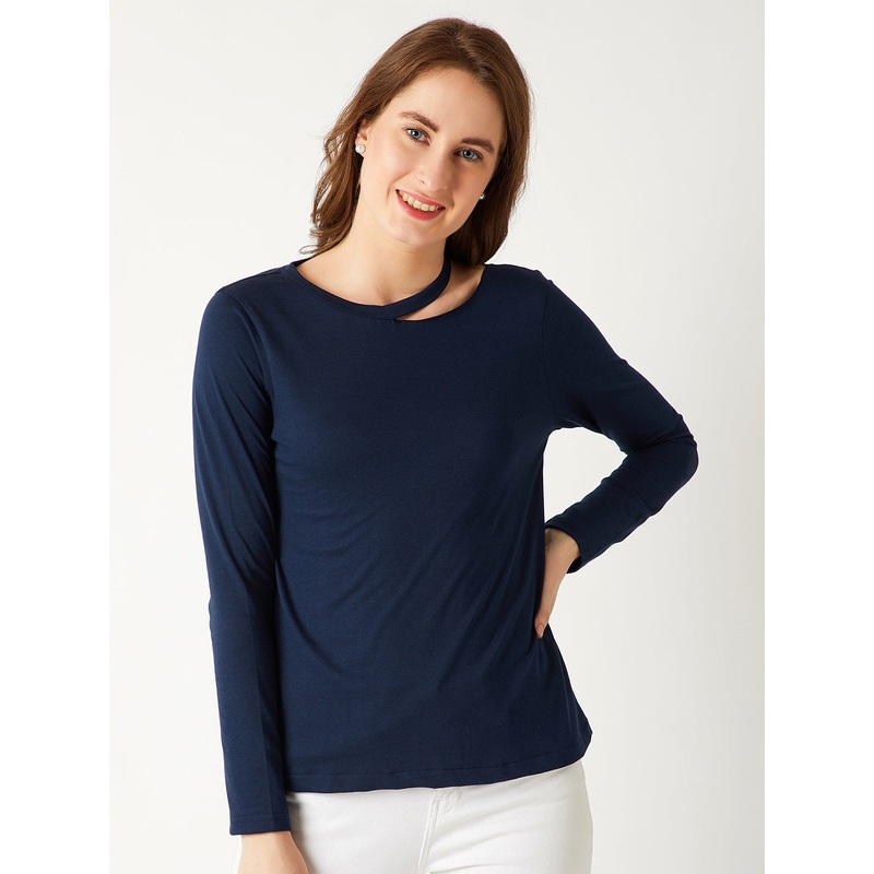Women’s Navy Blue Round Neck Full sleeve Cotton Solid Cut-Out Slit Shoulder Top XS Navy Blue