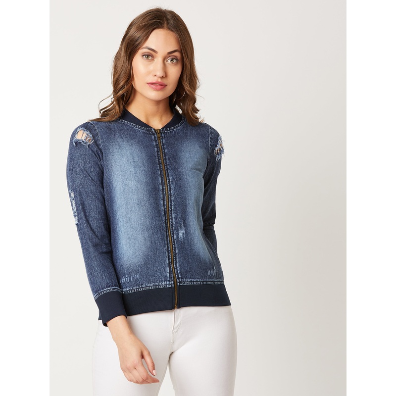 Women’s Navy Blue V-Neck Full Sleeve Solid Ripped Bomber Regular Length Denim Jacket XS Navy Blue