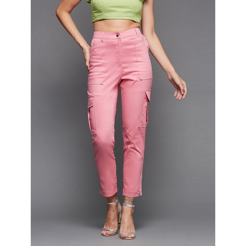 Women’s Pink Solid Polyester High-Waist Regular Length Trousers XS Pink