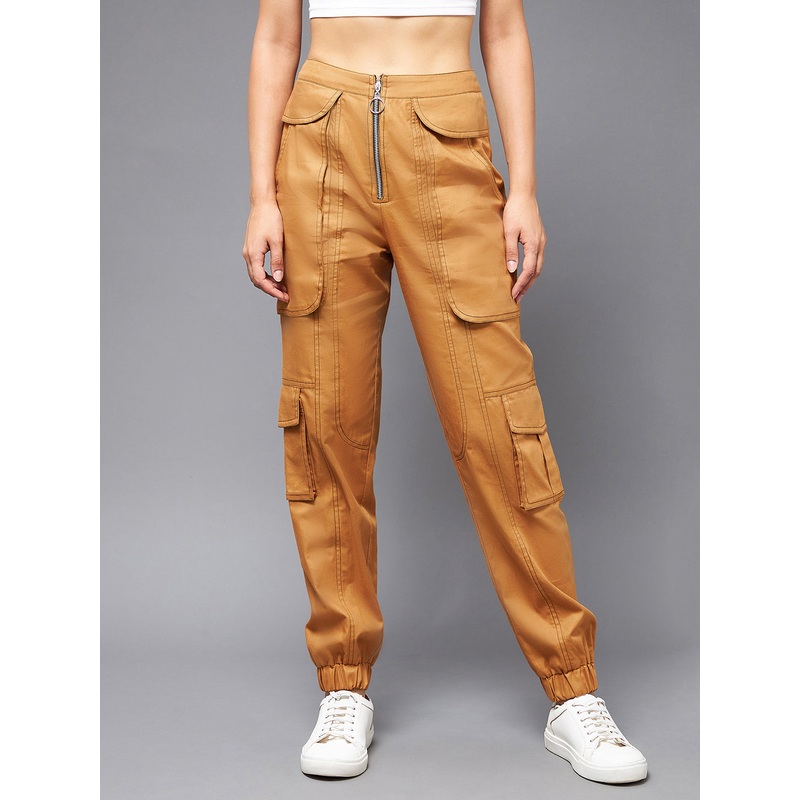 Women’s Tan Cotton Solid Paneled Regular  Joggers XS Tan