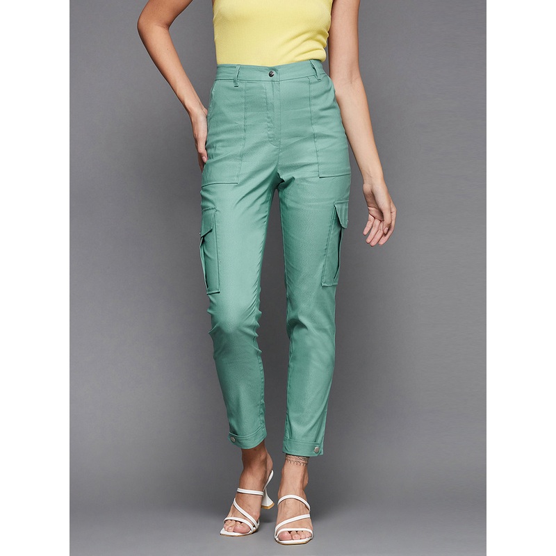 Women’s Turquoise Solid Polyester High-Waist Regular Length Trousers XS Turquoise