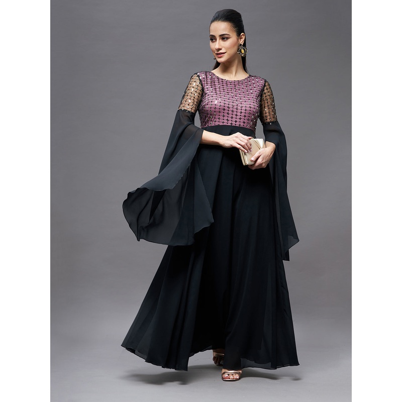 Black & Lavender Bell Sleeves Fit and Flare Sequinned Maxi Dress for Women XS Black & Lavender