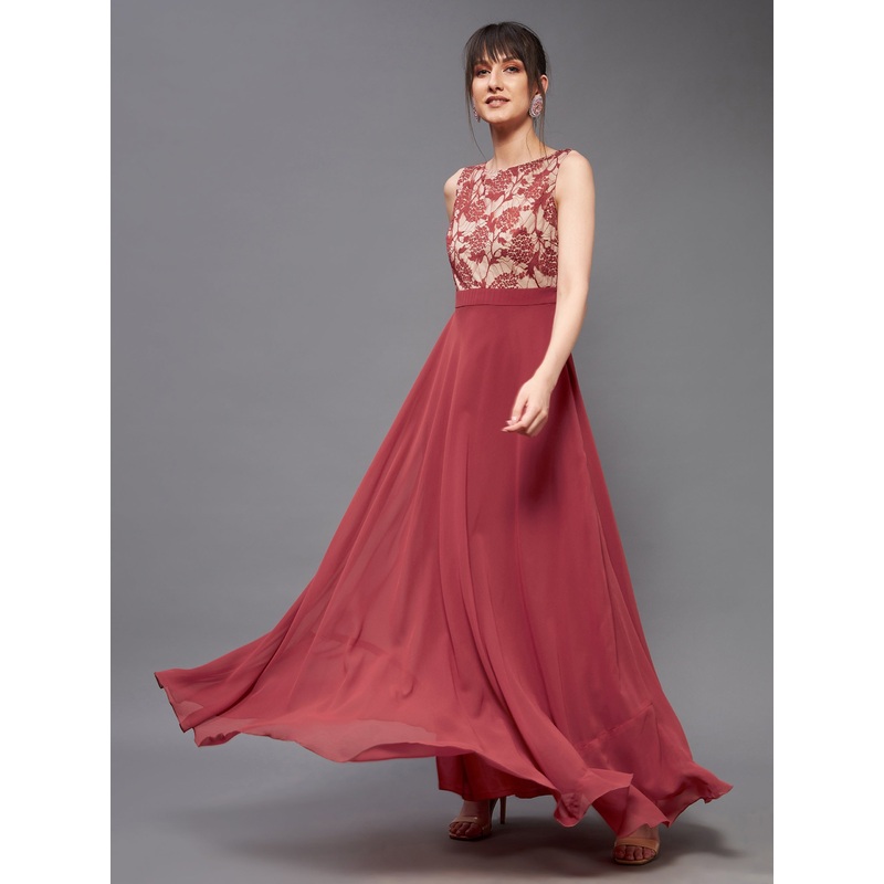 Brick Red & Dusty Green Sleeveless Fit and Flare Lace Dress for Women XS Red