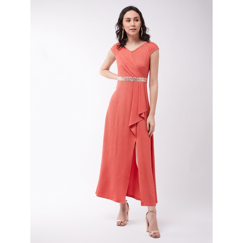 Crease Ease Women’s Coral V-Neck Raglan Sleeve Solid Embellished Maxi Dress XS Coral